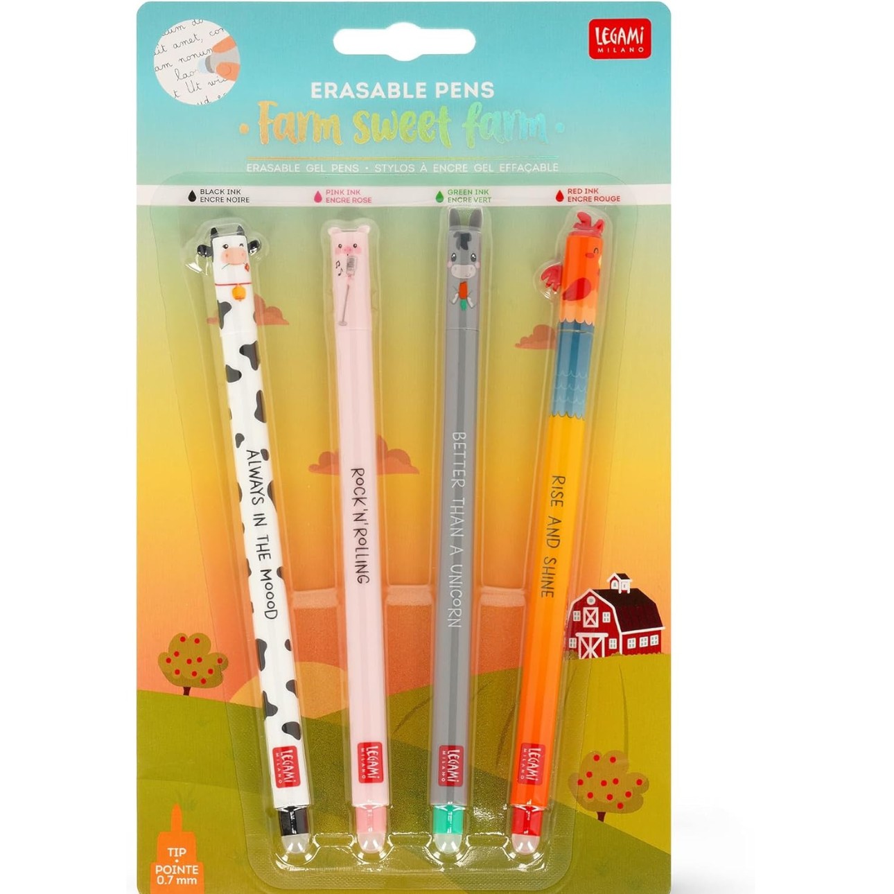 Legami - Conjunto de 4 canetas de gel apagável Farm Sweet Farm, canetas com tinta apagável termossensível, preto, rosa, verde, vermelho, apaga sem consumir a folha, ponta de 0,7 mm