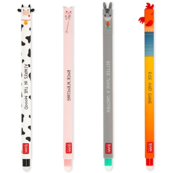 Legami - Conjunto de 4 canetas de gel apagável Farm Sweet Farm, canetas com tinta apagável termossensível, preto, rosa, verde, vermelho, apaga sem consumir a folha, ponta de 0,7 mm