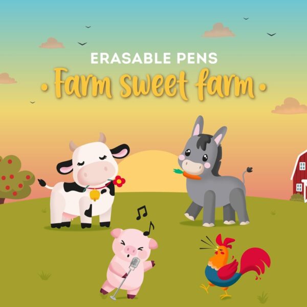 Legami - Conjunto de 4 canetas de gel apagável Farm Sweet Farm, canetas com tinta apagável termossensível, preto, rosa, verde, vermelho, apaga sem consumir a folha, ponta de 0,7 mm