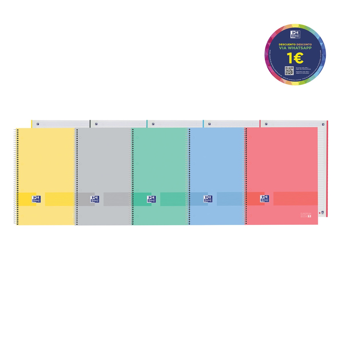 P175677 Caderno A4 capa dura espiral Oxford Live & Go Europeanbook 1 pautado 80 folhas 90g cores pastel sortido
